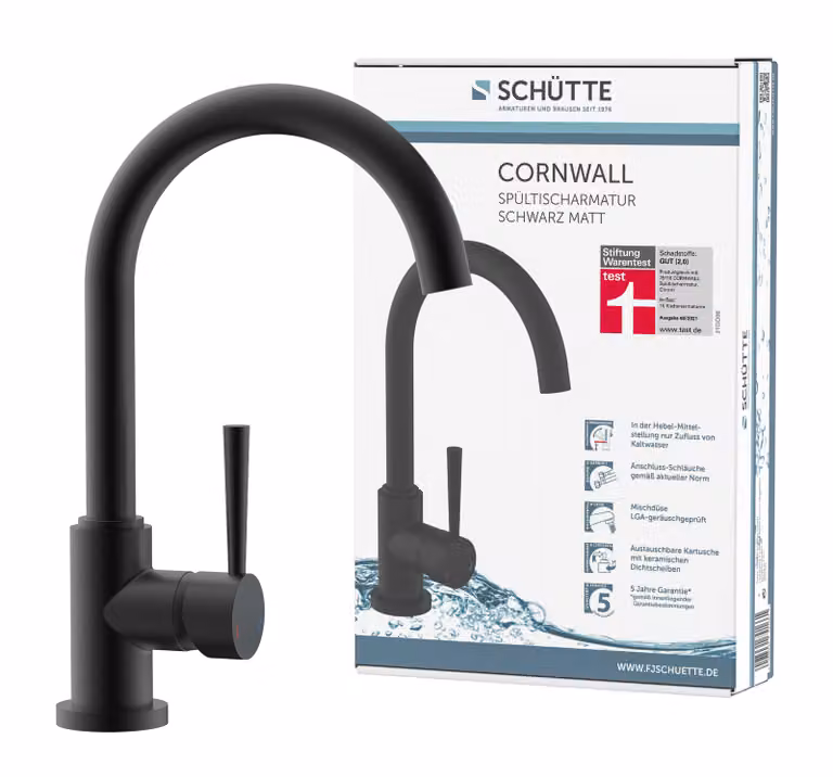 SCHÜTTE CORNWALL bateria kuchenna, bateria kuchenna z funkcją oszczędzania energii, jednouchwytowa, obrotowa wylewka 360°, czarny matowy