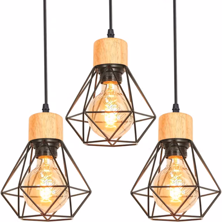 Zestaw 3 lamp wiszących w stylu vintage, metal i drewno, gwint E27, średnica 160 mm