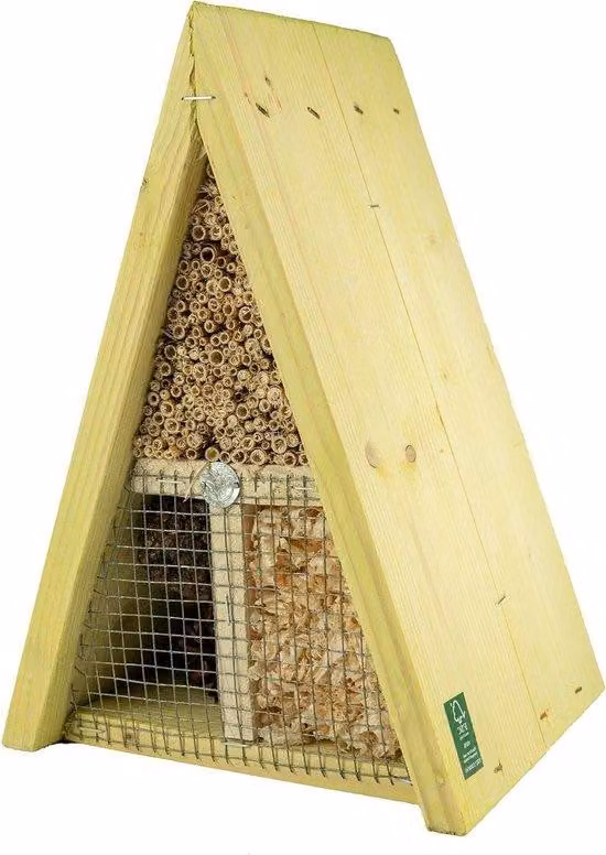 Hotel dla owadów, trójkątny - Hotel dla pszczół i motyli, ogród przyjazny dla natury - Ochrona przyrody, ogrodnictwo - Naturalne materiały - 19 x 16 x 27 cm - Zielony i żółty