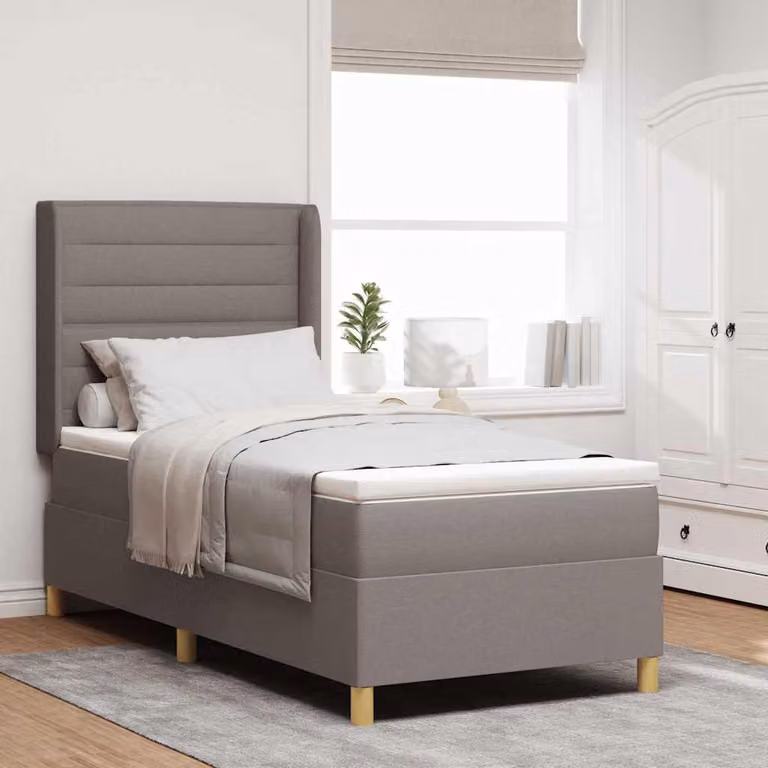 Maison Exclusive – łóżko kontynentalne z zagłówkiem w kolorze taupe, 90 x 190 cm, obite tkaniną