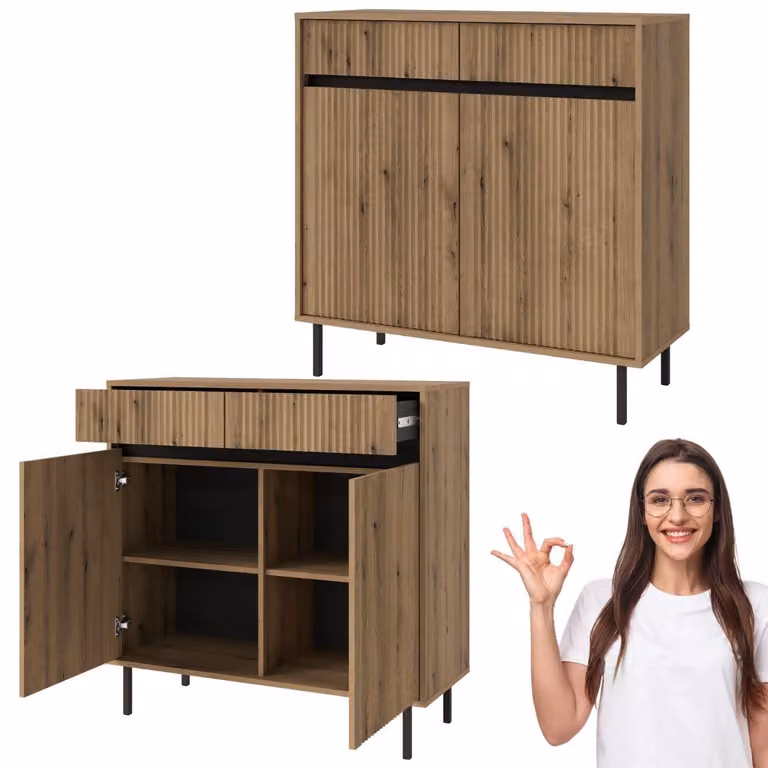 Komoda do salonu 2 szuflady półki wysoka ryflowana czarne nogi dąv evoke KAKA 2D2S