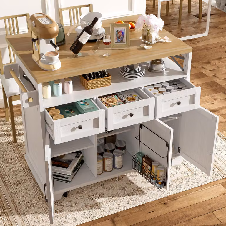 Wyspa kuchenna o wymiarach 118x43-70x98 cm, w białym kolorze, wykonana z MDF i metalu, z miejscem do przechowywania, składanym blatem roboczym i kółkami, idealna do kuchni i jadalni