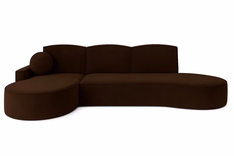 Sofello – nowoczesna sofa narozna o zaokraglonych ksztaltach MOLLY w kolorze brazowym, kremowym, bezowym i szarym, z tkaniny welurowej – modny, zaokraglony ksztalt! (z funkcja spania) powierzchnia spania: 140 x 207 cm