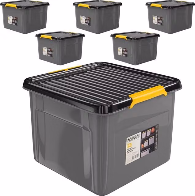 Zestaw 6 plastikowych pudełek do przechowywania monzana® w kolorze szarym, antracytowym i żółtym z pokrywkami i uchwytami, możliwość sztaplowania, W x S x G: 26 x 39 x 39 cm