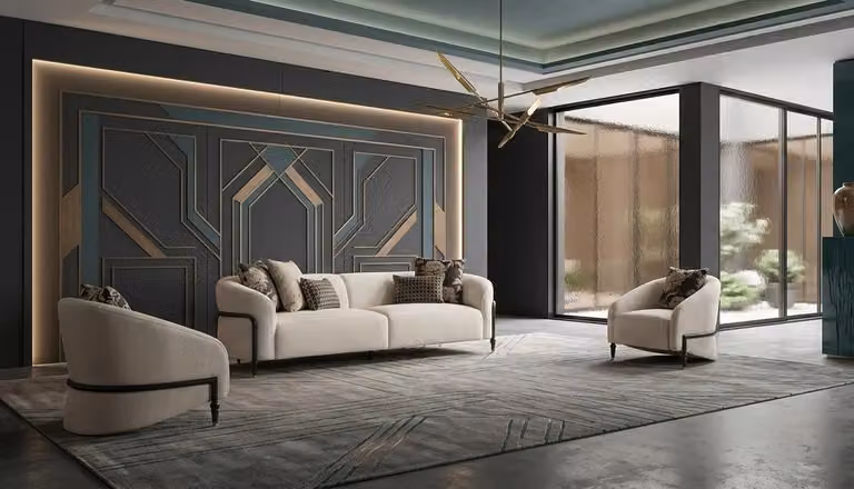 Elegancki zestaw do salonu w kolorze beżowym: 3-osobowa sofa i dwa fotele – meble designerskie
