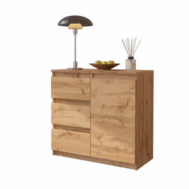 Komoda 80 Cm Dąb Wotan 3 Szuflady, 1 Drzwi, 1 Półka Salon