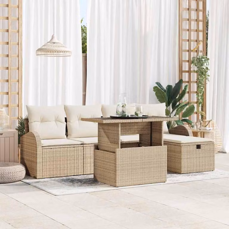 Maison Exclusive - Zestaw mebli ogrodowych (sofa i fotele) dla 6 osób. Beżowy, wykonany z rattanu syntetycznego