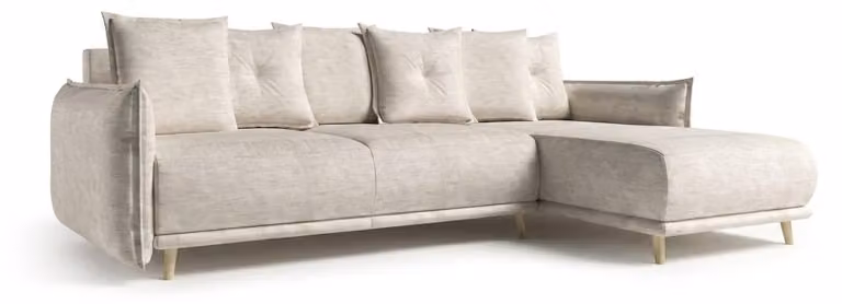 Hellbeiges, rogowe sofy z tkaniny. Rozkładana sofa z poduszkami, duża sofa do spania