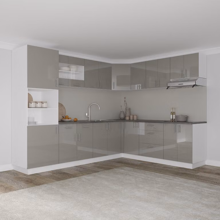 Komplet kuchenny narożny, model V36, wykończenie: wysoki połysk, kolor: szarość/biał, materiał: MDF, blat: laminowany, grubość 28 mm, wymiary: 280 x 220 cm