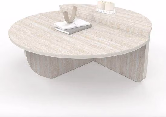 Zestaw dwóch okrągłych stolików do salonu z efektem trawertynu – nowoczesny, asymetryczny design stolików do salonu, dwuczęściowy zestaw stolików pomocniczych, skandynawskie i minimalistyczne meble do salonu