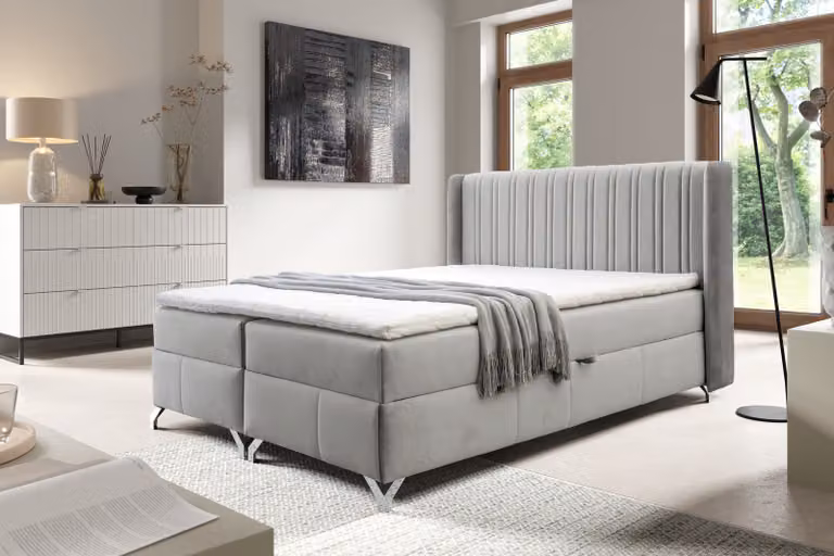 Łóżko kontynentalne MADDIE 160x200 cm, jasnoszare, z pojemnikiem Łóżko z nakładką i materacem bonellowym Łóżko tapicerowane Łóżko rodzinne Łóżko do sypialni z pojemnikiem (jasnoszare, 160x200)