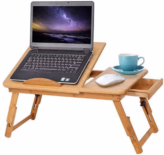 Stolik na laptop do łóżka, drewniany, składany, z szufladą, stolik nocny do łóżka, kanapy, do czytania, do rysowania