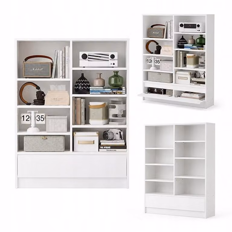 Regał stojący na książki do salonu 8 półek z szafką biały 120 cm loft