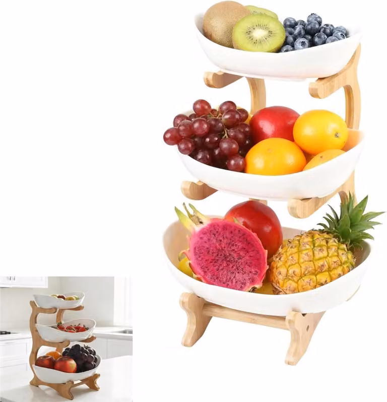 Owoce w warzywniku, 3-poziomowy - Miska na owoce - Organizer do kuchni - Stabilna drewniana konstrukcja - 33 x 16 x 24 cm