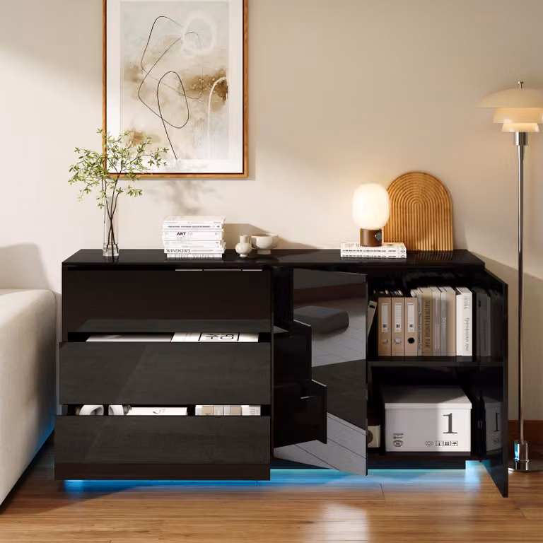 Komoda ProximaX w kolorze czarnym z połyskiem, 160 cm, z oświetleniem LED – 3 szuflady i 2 drzwiczki, nowoczesna komoda do salonu