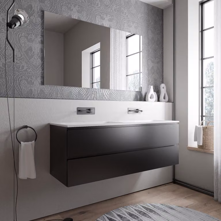 Szafka pod umywalkę AVA, 140 cm, z umywalką mineralną w kolorze CREAM - kolor do wyboru, wybór umywalki: biała, matowa, bez otworu na baterię, kolor mebli łazienkowych: czarny, matowy