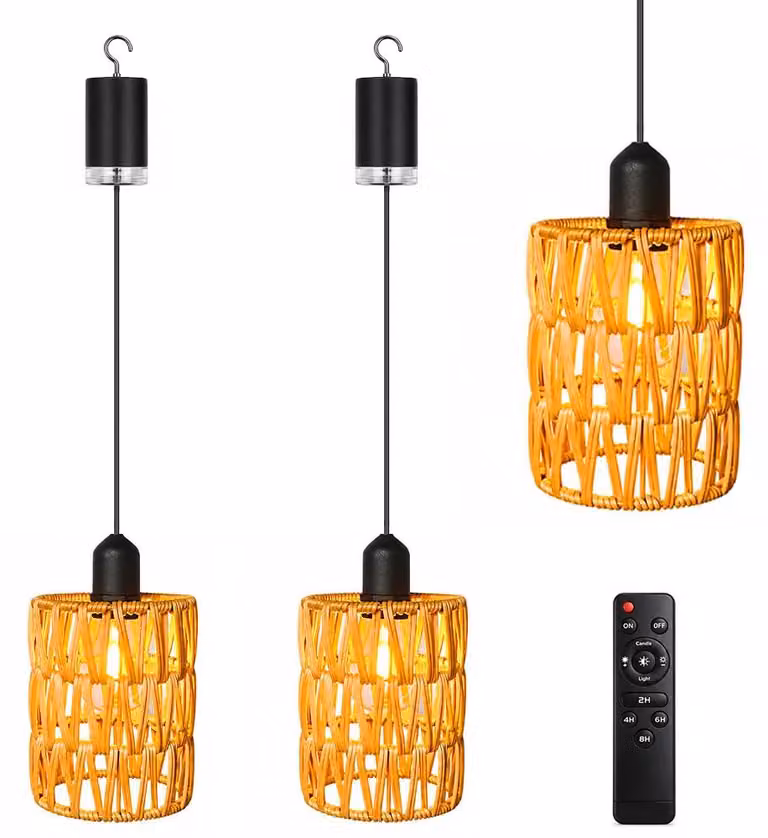 2 lampy wiszące z rattanu, styl boho, zasilane bateriami, z pilotem