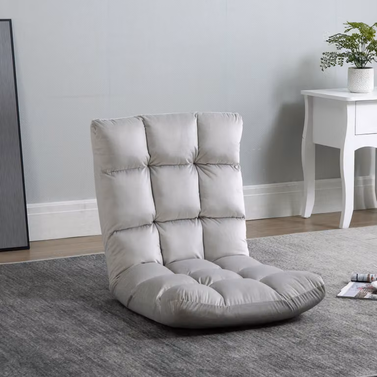 Składany fotel podłogowy Sweiko z funkcją leżenia. Regulowane oparcie, tapicerowany. Fotel do relaksu, oglądania telewizji, czytania, krzesło do medytacji. Wygodna sofa, fotel do czytania i medytacji, idealny do domu. Kolor: szary