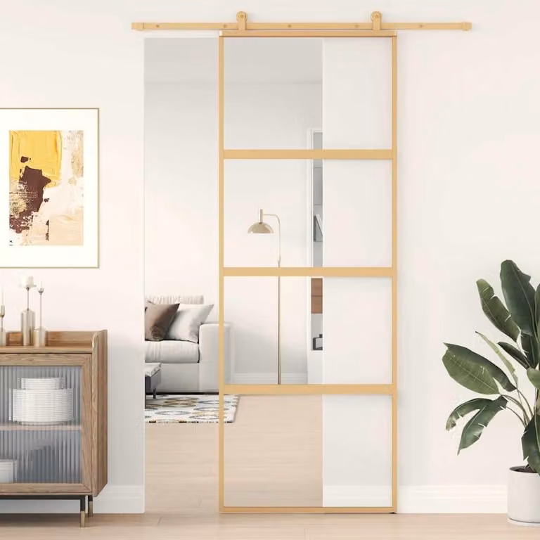 Przesuwne drzwi szklane - System drzwi wewnętrznych - Podział przestrzeni - Elegancki design - 76x205 cm - Złoty kolor