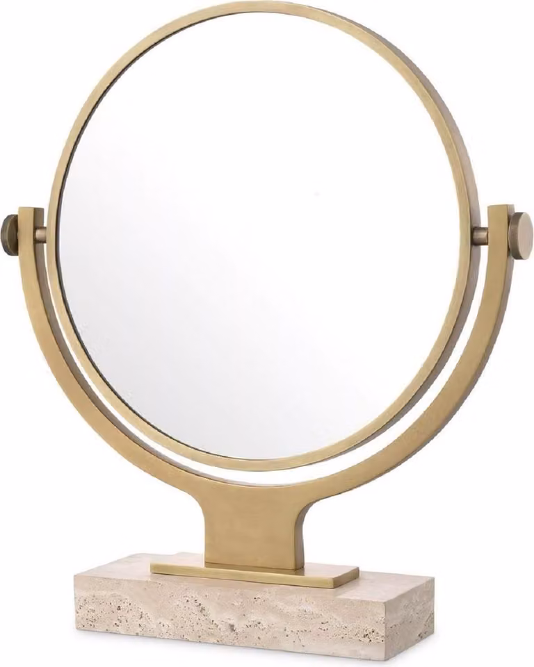 Casa Padrino luksusowe lusterko kosmetyczne z mosiądzu antycznego / beżu 50,5 x 12 x wys. 56 cm - Okrągłe regulowane lusterko łazienkowe do makijażu z podstawą z trawertynu - Luksusowe akcesoria łazienkowe