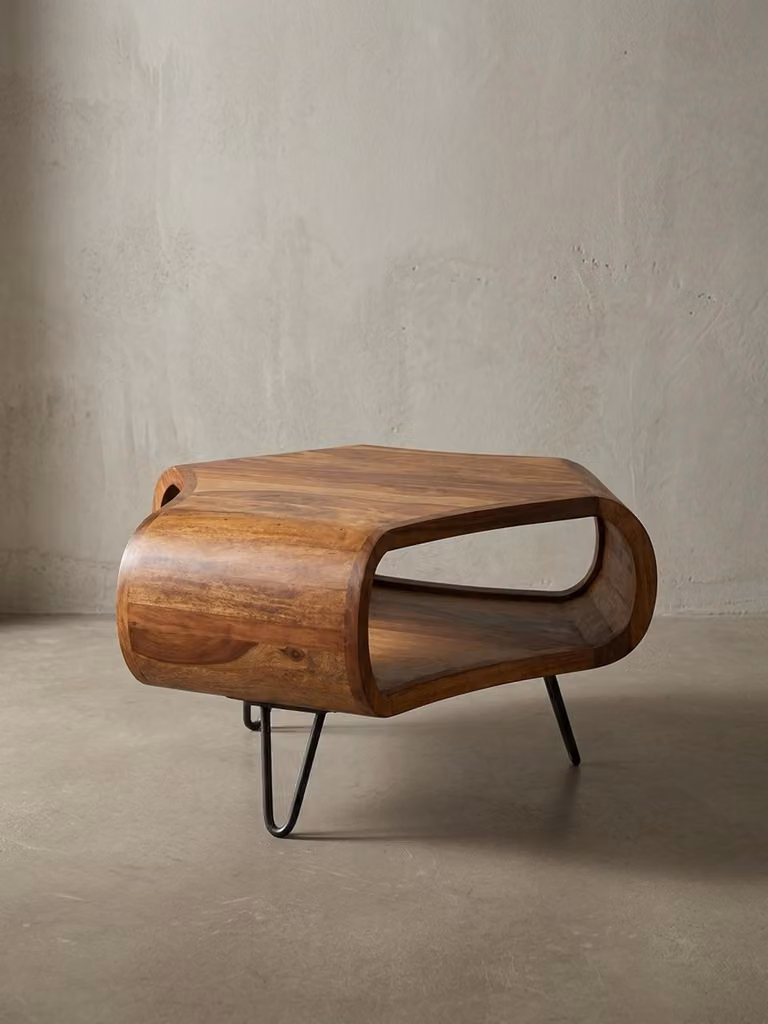 Stolik kawowy WL5.603 Sheesham lite drewno 55 x 55 x 38 cm półka i metalowa rama, stolik do salonu retro lite drewno brązowy, stolik rozkładany nowoczesny drewniany stolik, stolik z przegrodą do salonu