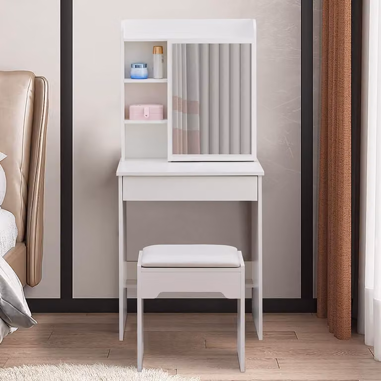 Stolik kosmetyczny Kaptafel, model Kruk – meble do sypialni – lustro przesuwne – wymiary: 60x40x130 cm – kolor biały