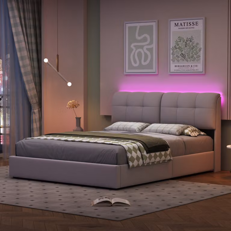 CDGlobal łóżko tapicerowane 160 x 200 cm z miejscem do przechowywania, łóżko podwójne LED łóżko młodzieżowe z podstawą łóżka, z zagłówkiem i ramą z listew, nowoczesne meble do sypialni, aksamitne pokrycie, beżowe