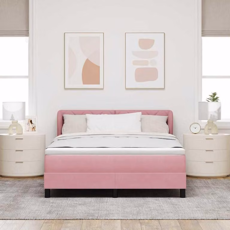 Łóżko platformowe z materacem, kolor różowy, wymiary 140x190 cm. Pokój młodzieżowy. Tapicerowane, wzór diamentów. Nowoczesny design