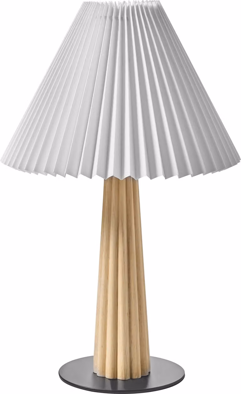 BELIANI Lampa stołowa drewno kauczukowe naturalna klosz z białej tkaniny podstawa sypialnia salon styl industrialny