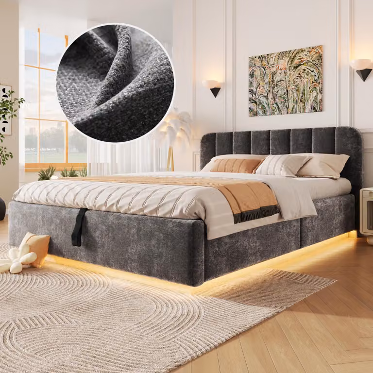 Łóżko tapicerowane o wymiarach 140 x 200 cm z hydraulicznym pojemnikiem na pościel, oświetleniem LED, stelażem łóżkowym i tapicerowanym zagłówkiem, kolor: antracyt (welur)