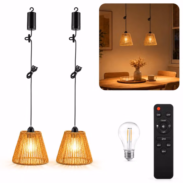 Lampy wiszące w stylu boho, wykonane z rattanu, zestaw 2 sztuk, zasilane bateriami, klasa szczelności IP44