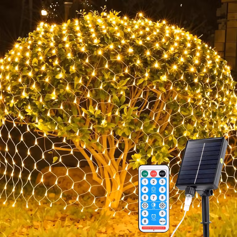 Bettizia LED Solar Lichternetz 2x2 m, ciepła biel, łańcuch świetlny, oświetlenie świąteczne, zasłona świetlna, dekoracja wewnętrzna i zewnętrzna, 8 trybów, IP44