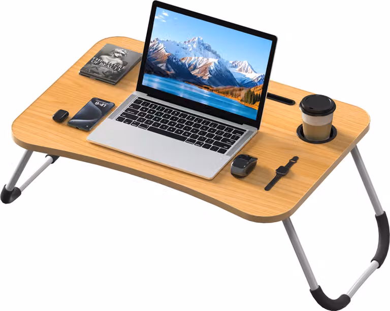 TANYEAR, składany stolik do laptopa, 63 × 40 cm – stolik nocny z uchwytem na napoje i miejscem na laptop, stolik do laptopa do łóżka i kanapy, orzech włoski