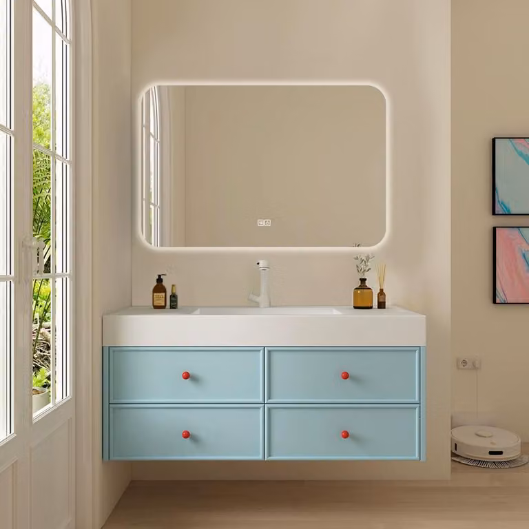 Umywalka z kamienia spiekanego, zestaw mebli łazienkowych, 130 x 55 cm, meble łazienkowe, szafki łazienkowe, blat łazienkowy, lustro LED, niebieski /LSC130/