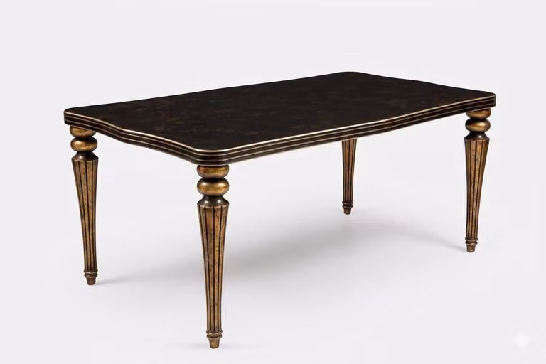 Elegancki, ciemny stół jadalniany, złote akcenty, klasyczny, design