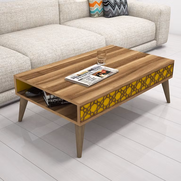 Skye Decor, City - Walnut, Yellow, stolik kawowy, orzech, 100% PŁYTA POWLEKANA MELAMINĄ, 105 x 60 x 36,6 cm
