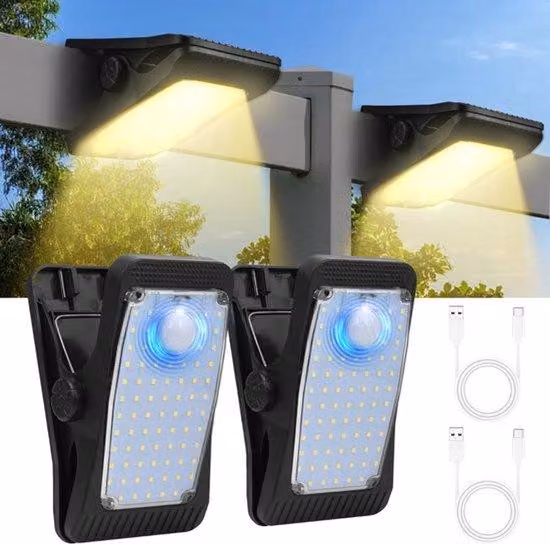 Lampy solarne zewnętrzne z czujnikiem ruchu, 2 sztuki. Klamerowane lampy solarne do użytku zewnętrznego, wodoszczelne (IP65), zasilane przez USB, 3 tryby, lampa solarna do użytku zewnętrznego, idealna do drzwi wejściowych, garażu, ogrodzenia, ogrodu