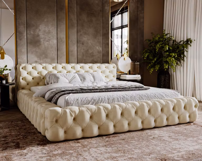 BESILIO Łóżko pikowane z guzikami 120x200 Hugo - chesterfield, pojemnik na pościel, stelaż - Beżowy & Magic Velvet 2201