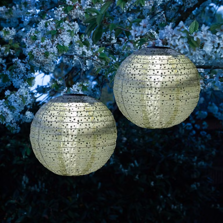 Lampiony solarne LED – z motywem kwiatowym – ciepłe białe światło LED – średnica: 25 cm – czujnik światła – kolor zielony – 2 sztuki