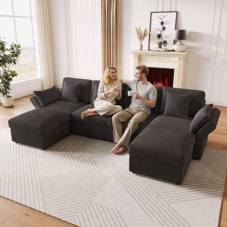 Merax narożnik 4-6 osobowy w kształcie litery U, z podnóżkiem, regulowane podłokietniki, nowoczesna sofa, kanapa, meble do salonu, sypialni, tkanina sztruksowa, szary