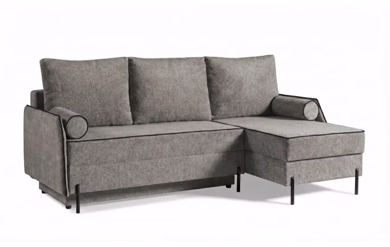 Uniwersalna sofa narożna LAZIO z funkcją spania i podwójnym schowkiem na pościel (212 x 152 cm) – szaro-beżowa (greige) z brązową lamówką