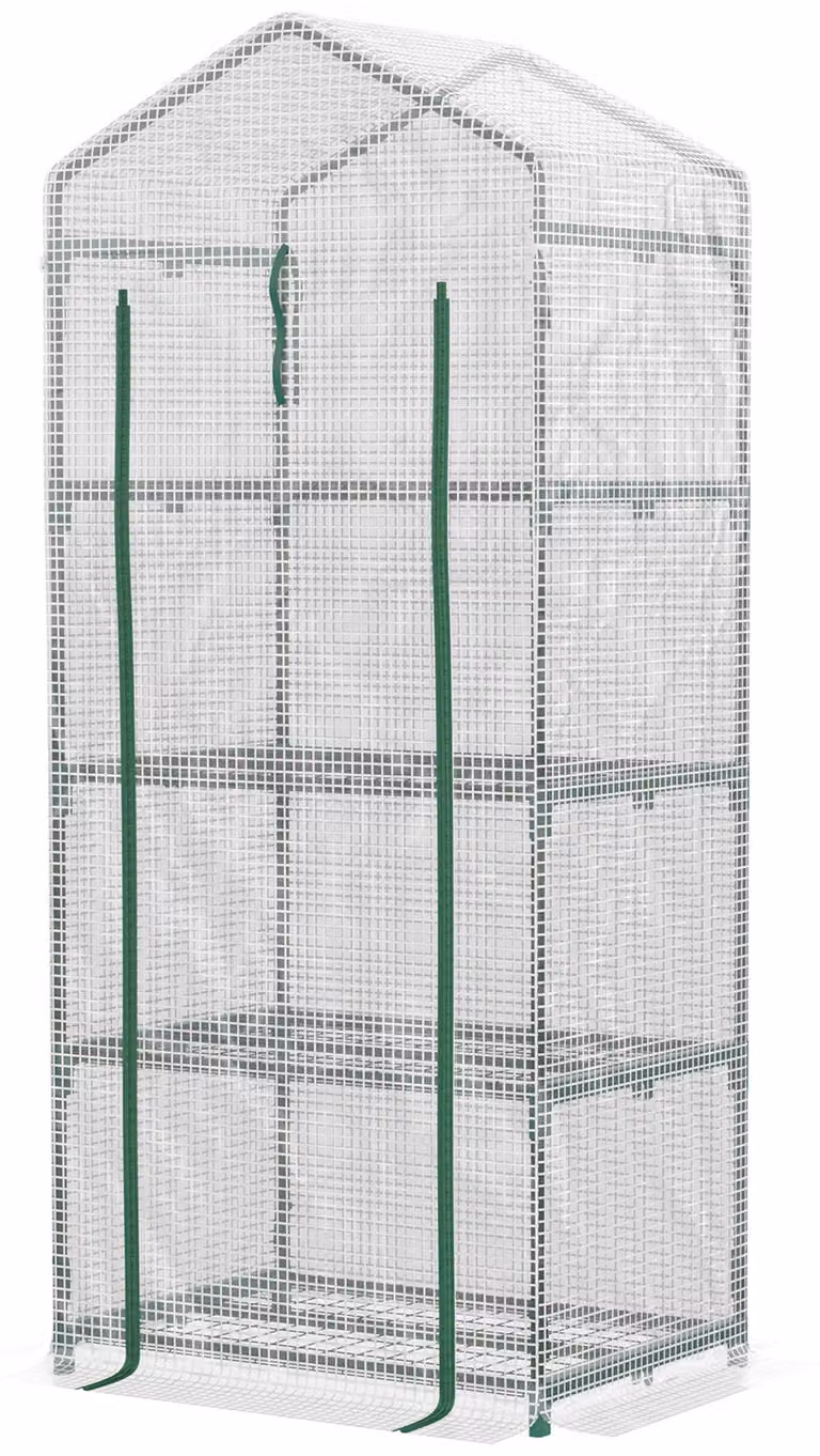 Mini szklarnia, tunel foliowy z 4 półkami, folia PE o grubości 140 g/m², kolor biały | Odporna na promieniowanie UV | Obciążenie półek: 4 x 15 kg | Wymiary: 70 x 50 x 160 cm