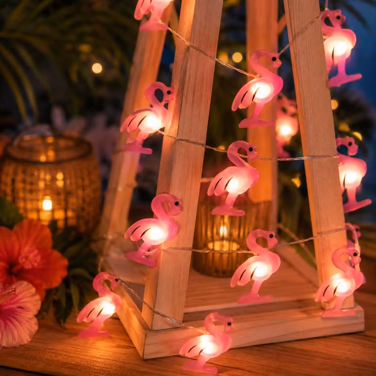 Girlanda świetlna w kształcie flaminga, 2 metry, 20 diod LED, przewód miedziany, zasilana bateriami