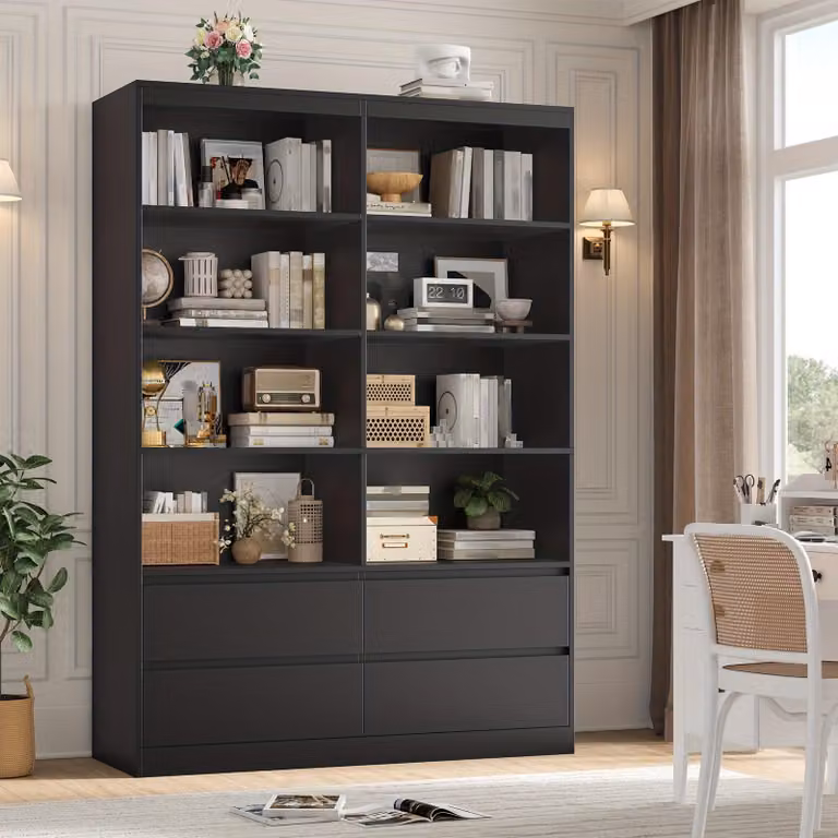 Szafka na książki - Regał z przegródkami - Półka na książki - Szafka do przechowywania - Szafka wisząca - Biała, drewniana, nowoczesny design - 6 półek z szufladą