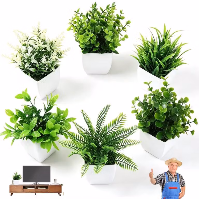 Miniaturowe rośliny bonsai - zestaw 6 sztuk - dekoracyjne rośliny doniczkowe - poliester - liście - do użytku w pomieszczeniach - dekoracja stołu