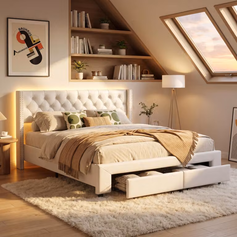 Łóżko tapicerowane INONEFT, 140x190 cm, z pojemnikiem, podwójne łóżko z portem USB i oświetleniem LED, łóżko młodzieżowe z 2 szufladami, funkcjonalne łóżko, stelaż łóżka z listwami, obita tkaniną welurową