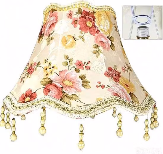Abażur retro, 26 x 27 cm - antyczny, z frędzlami - wykonany z tkaniny w stylu vintage - elegancka lampka stołowa