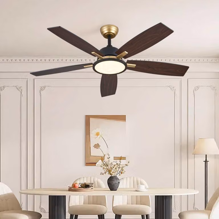 Wentylator sufitowy ZELURXX z oświetleniem LED, średnica 132 cm (52 cali), 5 łopat z płyty wiórowej, kolor czarno-złoty, z możliwością zmiany kierunku obrotów, sterowanie pilotem, 6 stopni prędkości, możliwość regulacji jasności, cichy, idealny na lato i