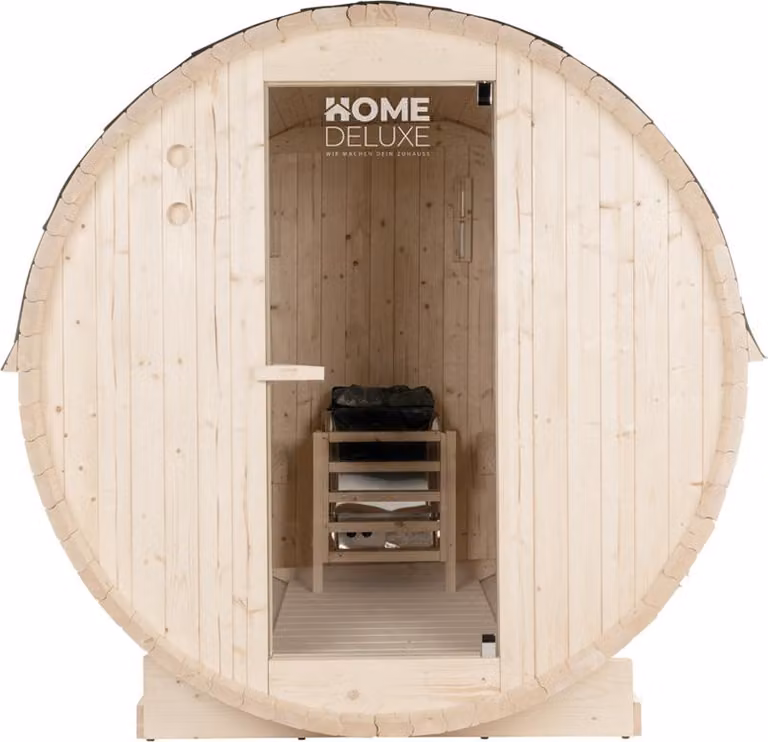 HOME DELUXE - Zewnętrzna sauna beczkowa LAHTI L - Wymiary: WxDxH: ok. 189 cm x 191 cm x 180 cm, drewno: drewno świerkowe - w zestawie piec do sauny i akcesoria do sauny I Sauna ogrodowa, sauna zewnętrzna, beczka do sauny dla 4 osób