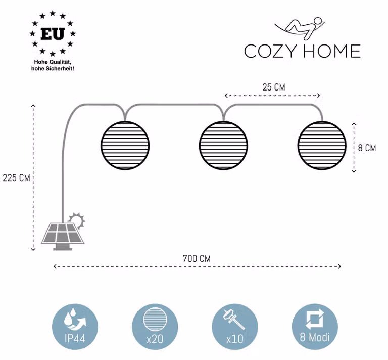 CozyHome Łańcuch świetlny z lampionami LED na energię słoneczną do użytku zewnętrznego | Całkowita długość 7 metrów | 20 diod LED o barwie ciepłej bieli – łańcuch świetlny na energię słoneczną | NIE zasilany bateriami – lampiony słoneczne z akumulatorem d
